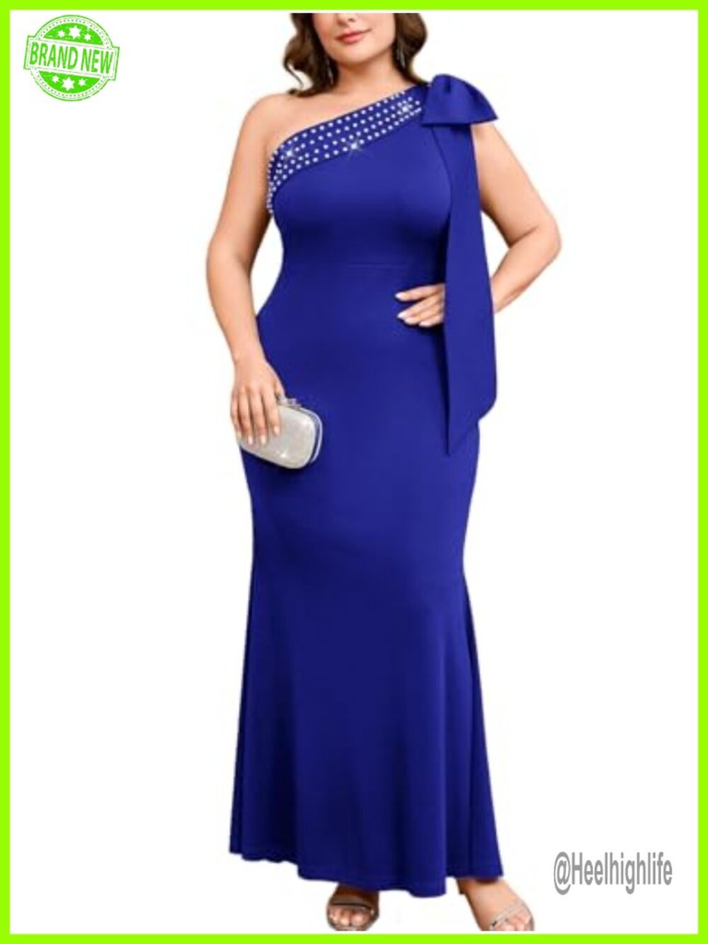 Plus Size One Shoulder Mermaid Evening Gown Statement Bow Rhinestone Formal